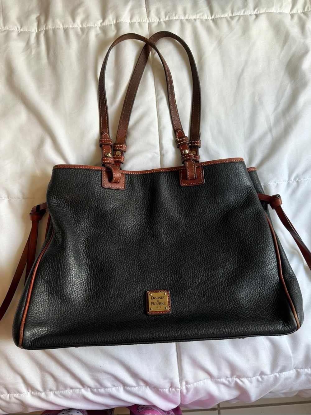 Dooney & Bourke Black Leather Shoulder Bag with Brown Trim